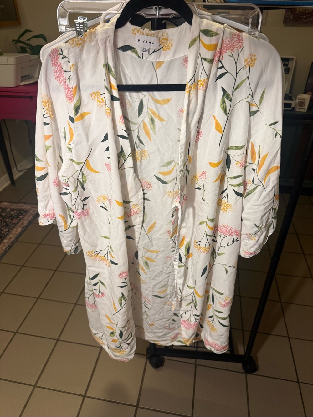 Piyama Floral Open-Front Robe — White with Yellow & Pink Print